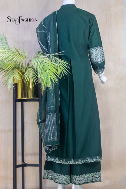 Raw Silk A-Line Kurta Set with Plazzo & Self-Textured Organza Dupatta