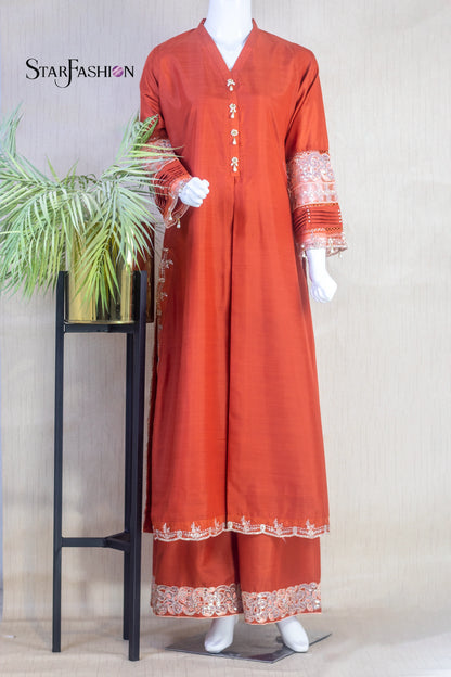 Raw Silk A-Line Kurta Set with Plazzo & Self-Textured Organza Dupatta