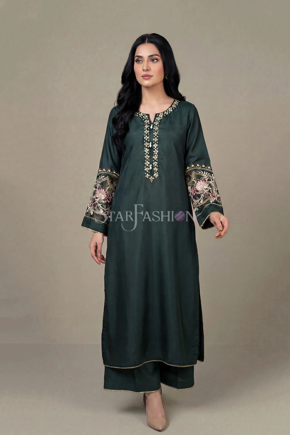 Embroidered Straight Khadi Silk Kurta Set with Plazzo & Organza Dupatta