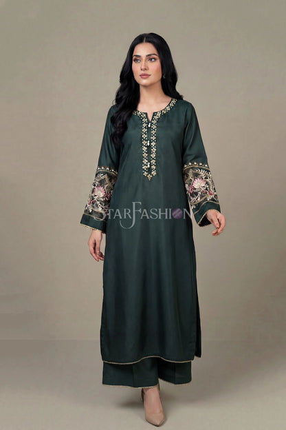 Embroidered Straight Khadi Silk Kurta Set with Plazzo & Organza Dupatta