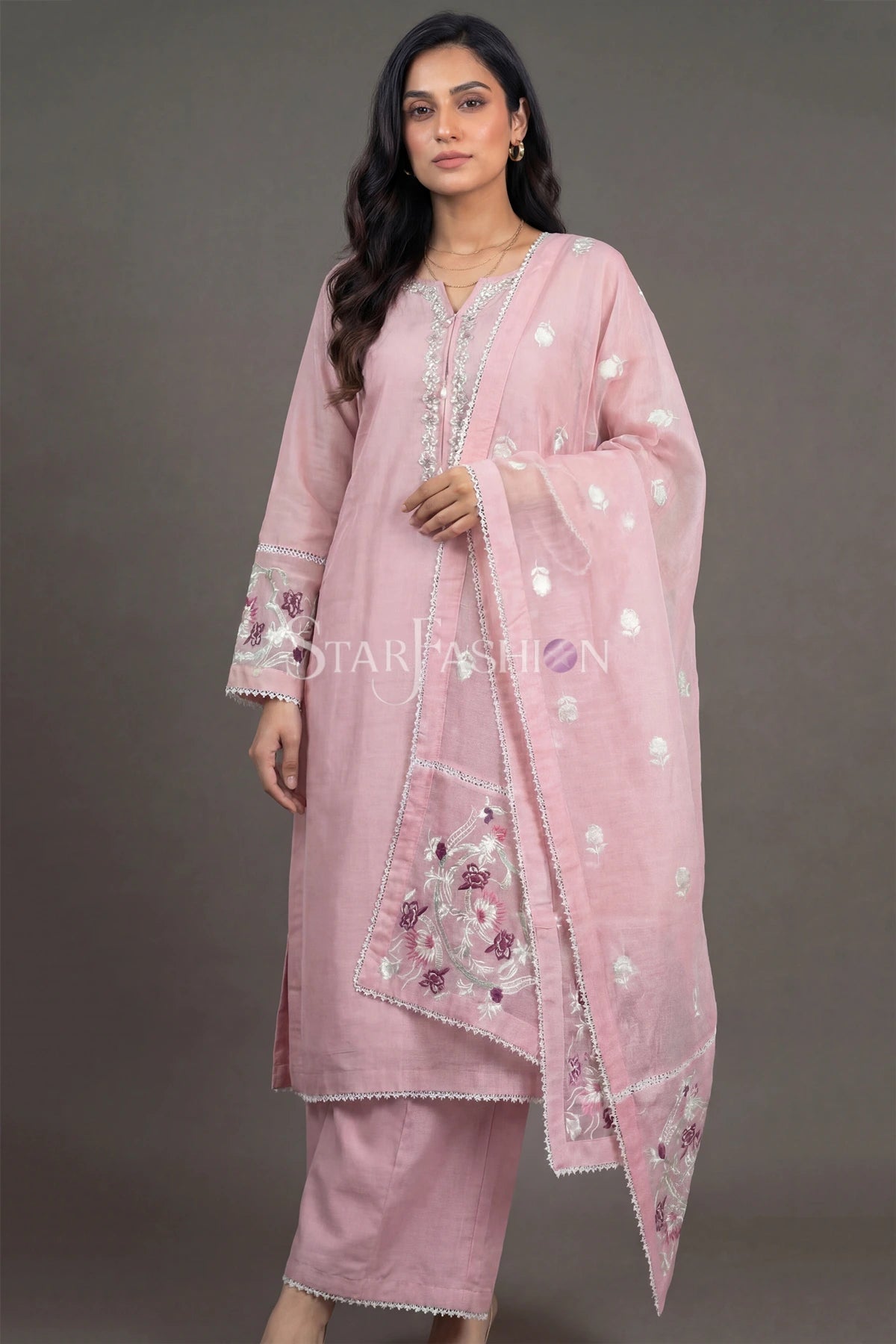 Embroidered Straight Khadi Silk Kurta Set with Plazzo & Organza Dupatta