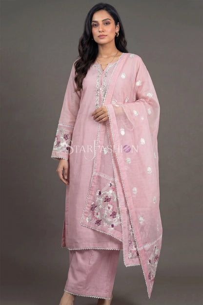Embroidered Straight Khadi Silk Kurta Set with Plazzo & Organza Dupatta