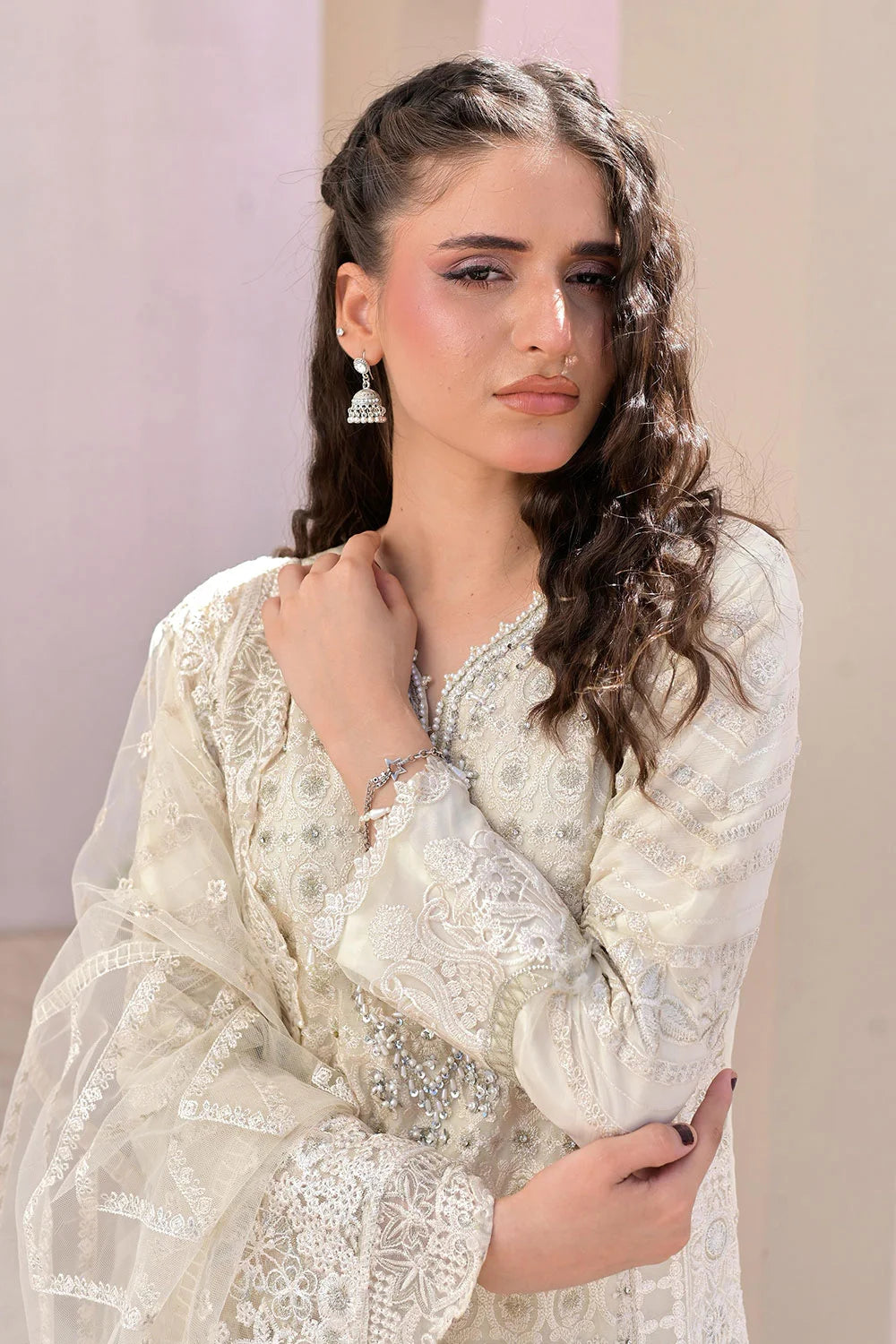 Embroidered Chiffon A-Line Suit with Net Dupatta
