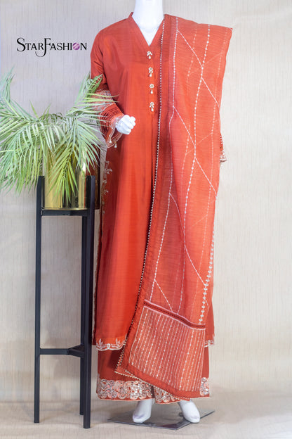 Raw Silk A-Line Kurta Set with Plazzo & Self-Textured Organza Dupatta