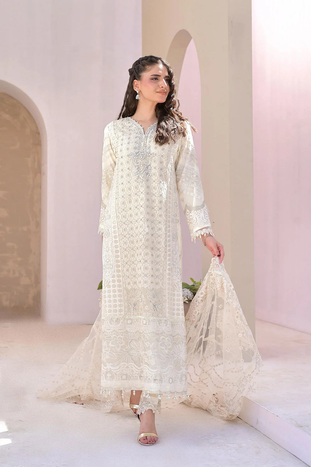 Embroidered Chiffon A-Line Suit with Net Dupatta