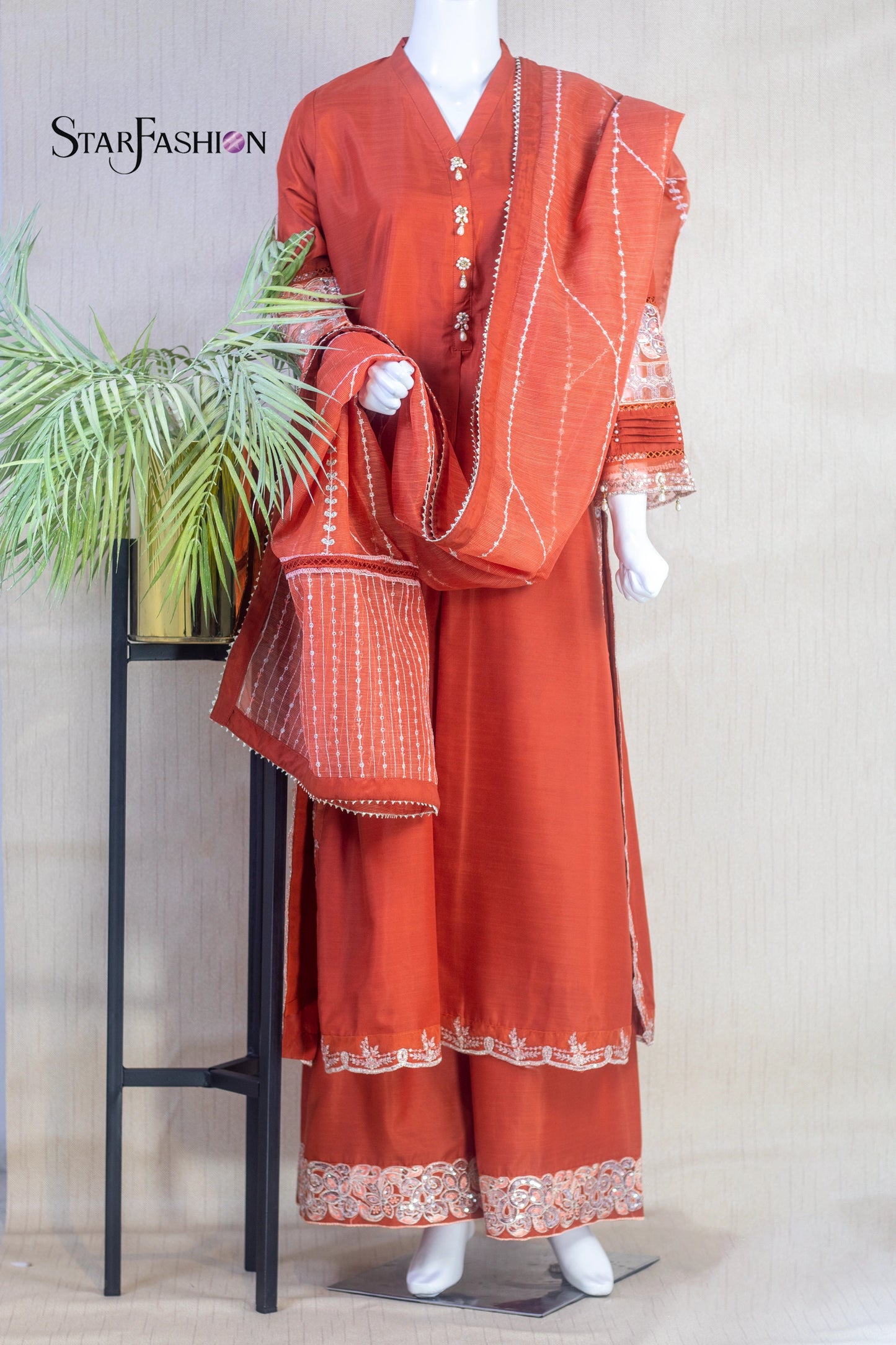 3-Piece Dress with Khaddi Dupatta & Palazzo