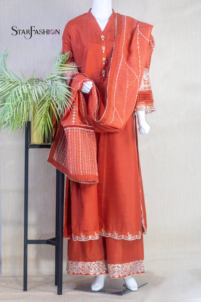 Raw Silk A-Line Kurta Set with Plazzo & Self-Textured Organza Dupatta