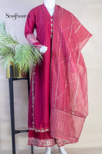 Raw Silk A-Line Kurta Set with Plazzo & Self-Textured Organza Dupatta