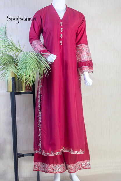 Raw Silk A-Line Kurta Set with Plazzo & Self-Textured Organza Dupatta