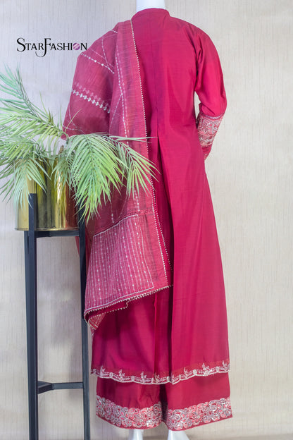 Raw Silk A-Line Kurta Set with Plazzo & Self-Textured Organza Dupatta