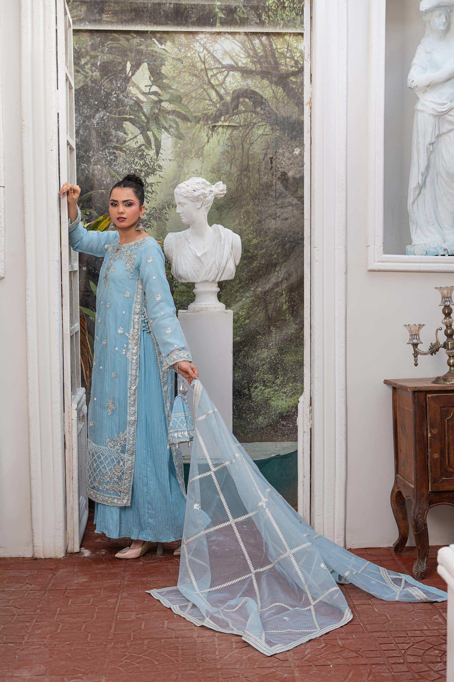 Baby blue | Organza | Embroidered | 4-Piece Suit