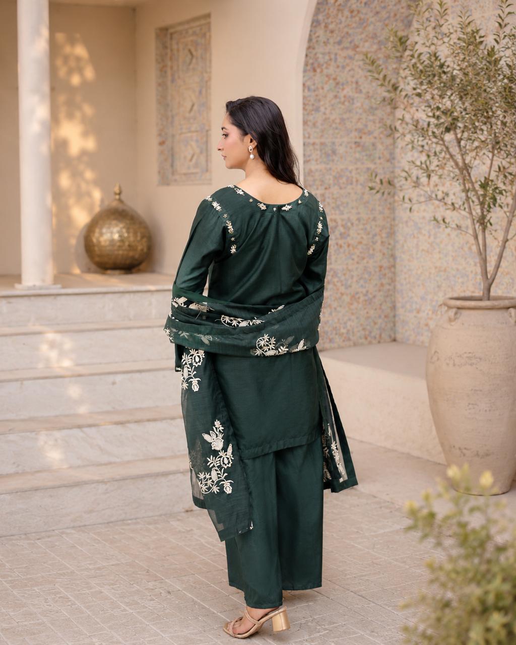 Bottle Green Embroidered 3-peice suit