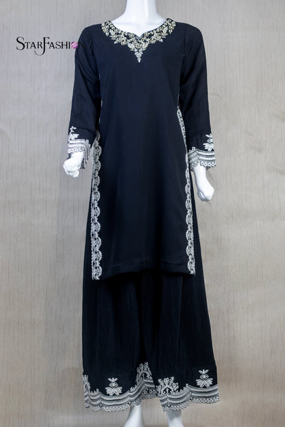 Black Stitched luxury Chiffon Short Shirt with Long Embroidered Dupatta and Crinkle Silk Plazo