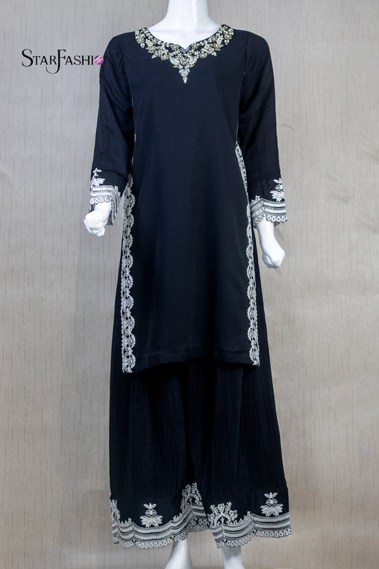 Black Stitched luxury Chiffon Short Shirt with Long Embroidered Dupatta and Crinkle Silk Plazo