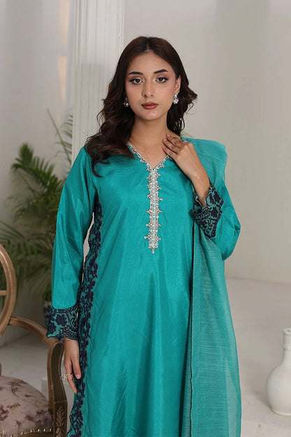 Embroidered Raw Silk Kurta Set with Plazzo & Net Dupatta