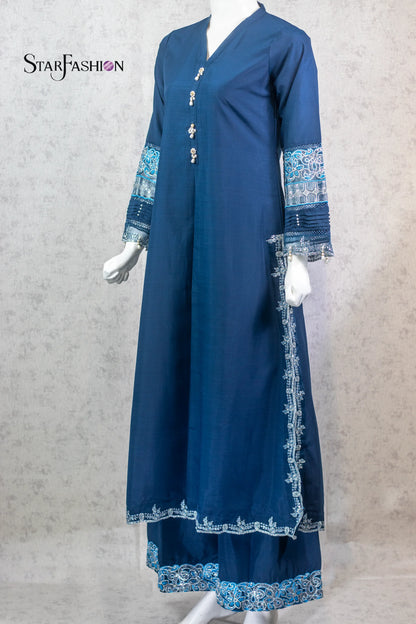 Raw Silk A-Line Kurta Set with Plazzo & Self-Textured Organza Dupatta