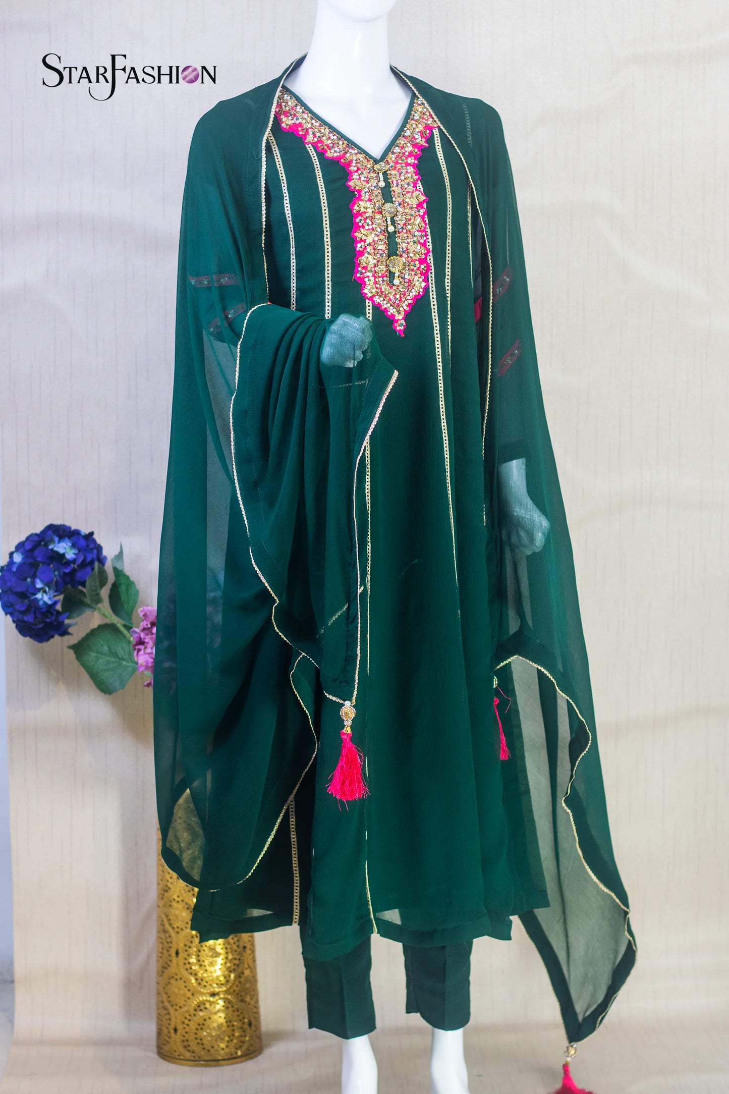 Elegant Bottle Green Chiffon Straight Suit with Silk Trouser