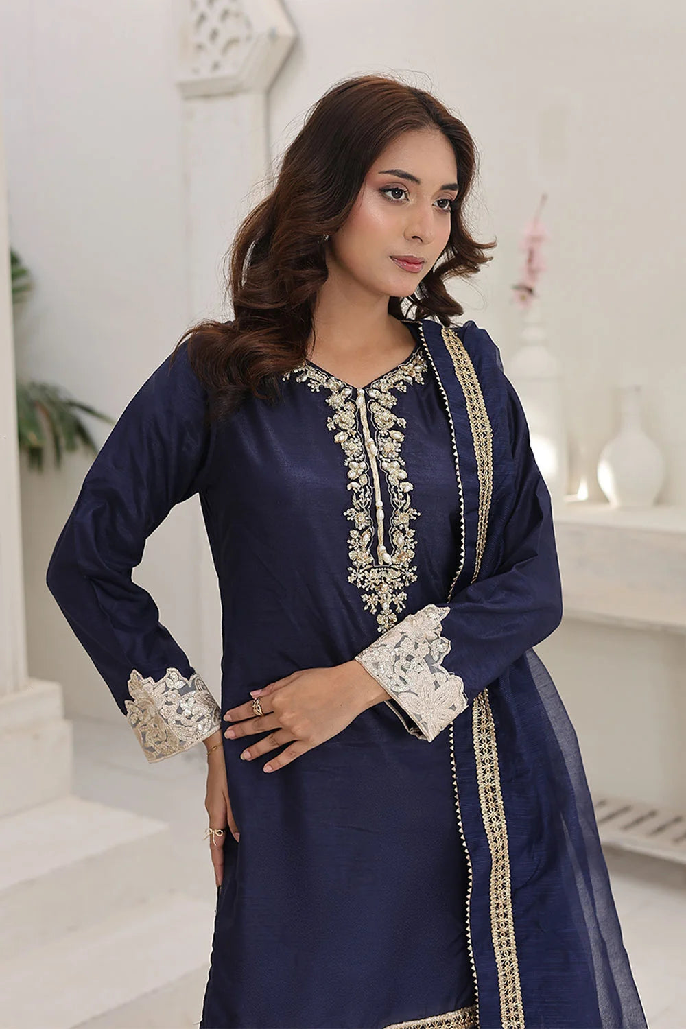 Embroidered Raw Silk Suit with Khaddi Net Dupatta