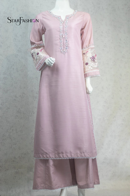 Embroidered Straight Khadi Silk Kurta Set with Plazzo & Organza Dupatta