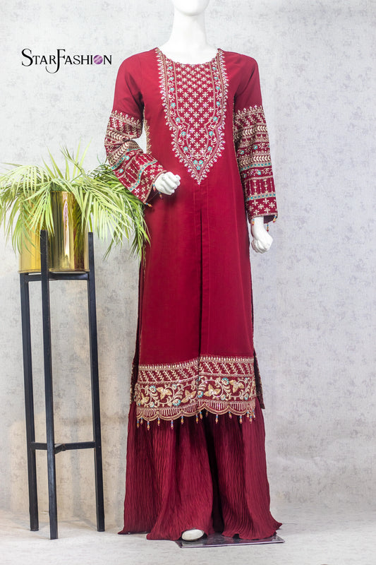 Maroon & Orange Embroidered Raw Silk 3-Piece Dress