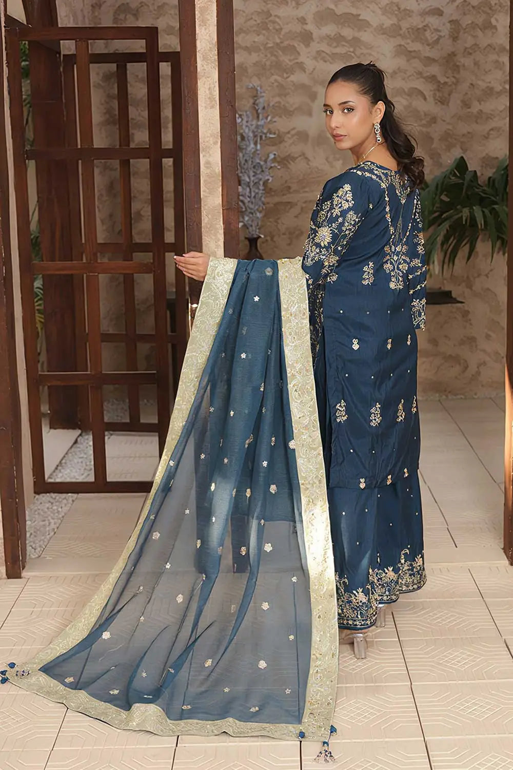 Embroidered Straight-Cut Raw Silk Kurta Set with Gharara & Khaddi Net Dupatta
