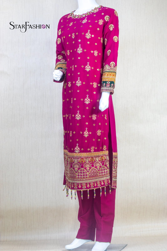Embroidered Chiffon Straight Suit with Net Dupatta & Silk Trouser