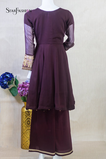 Elegant Berry Chiffon Straight Shirt with Silk Trouser & Pink Dupatta
