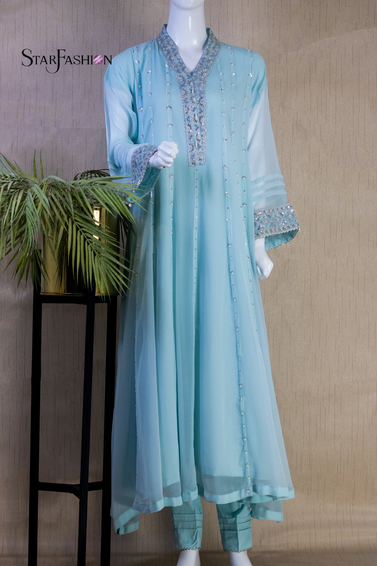 Iridescent Chiffon Ensemble with Silk Trouser & Dupatta