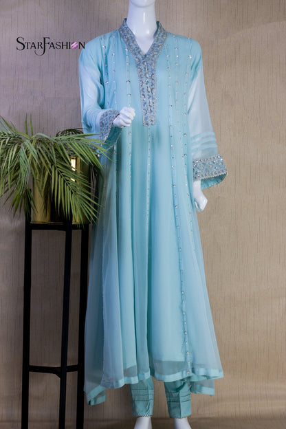 Iridescent Chiffon Ensemble with Silk Trouser & Dupatta