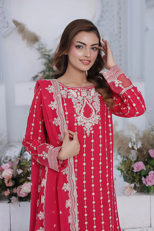 Embroidered Watermelon Kurti Set with Straight-Leg Gharara & Crinkle Chiffon Dupatta