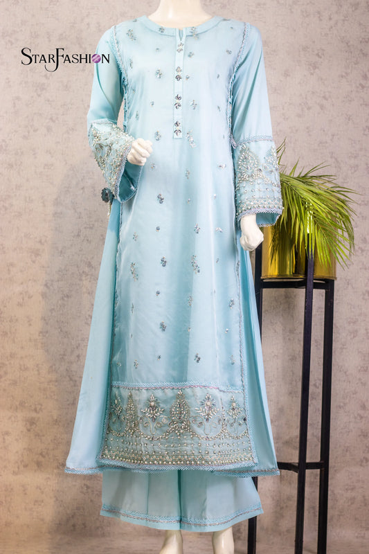 Sky Blue Crepe & Organza Gown with Dupatta