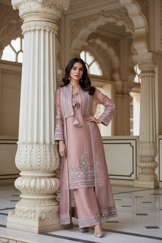 Iridescent Chiffon Waistcoat Style Shirt with Chiffon Dupatta & Khaddi Silk Trousers
