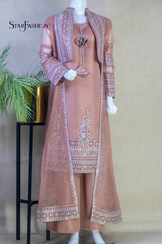 Iridescent Silk Waistcoat-Style Outfit with Chiffon Dupatta