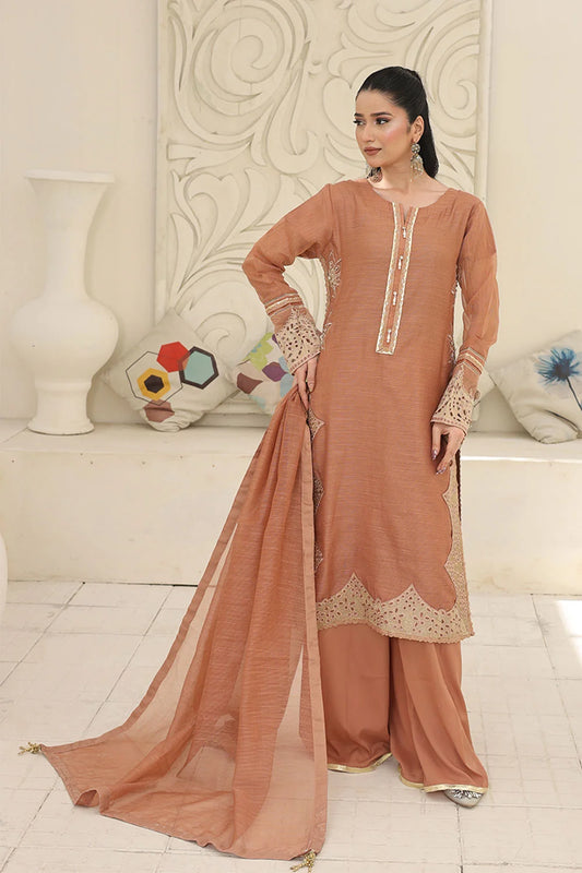 Embroidered Khaddi Net Kurta Set with Plazzo & Dupatta