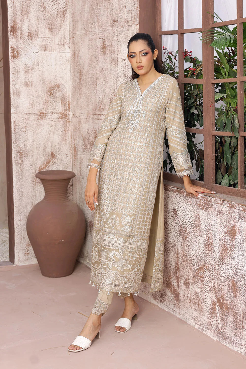 Embroidered Chiffon A-Line Suit with Net Dupatta