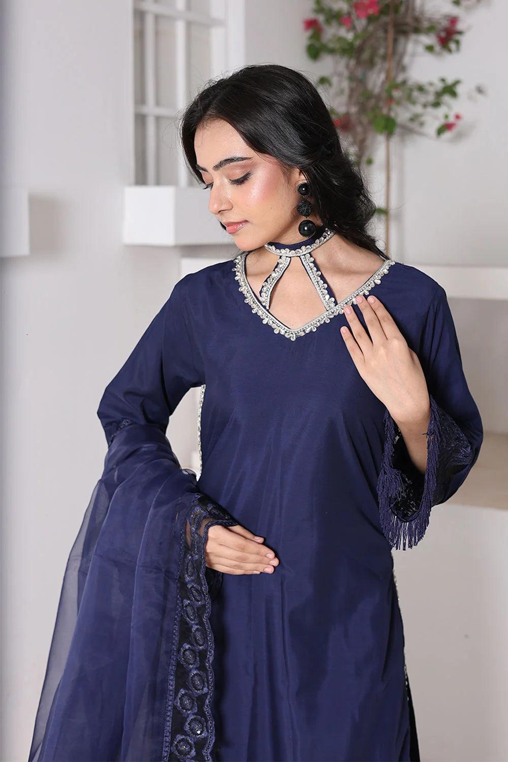 Elegant Long Silk Kurta with Embroidered Net Dupatta