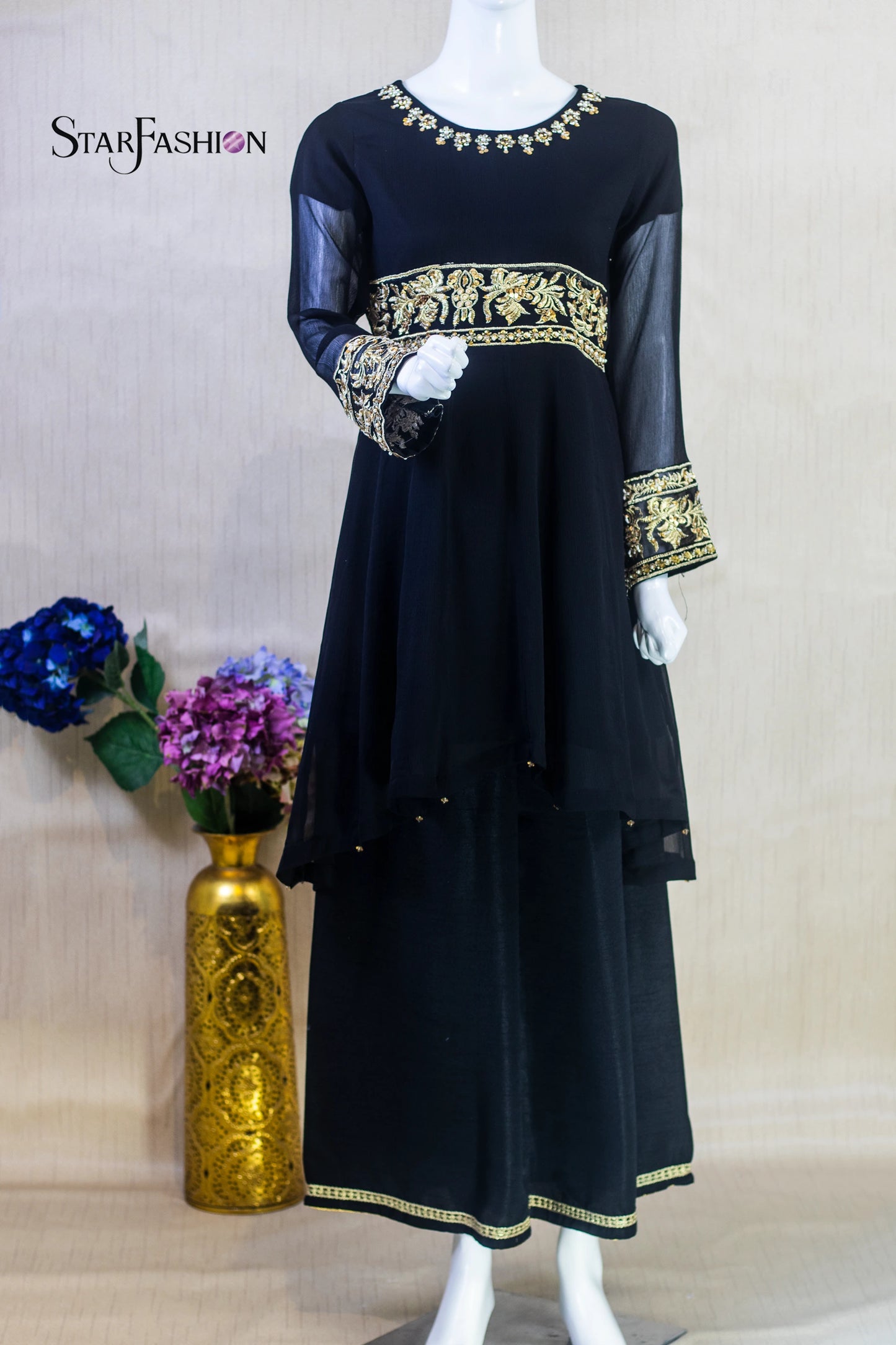 Elegant Black Chiffon Straight Shirt with Silk Trouser & Red Dupatta