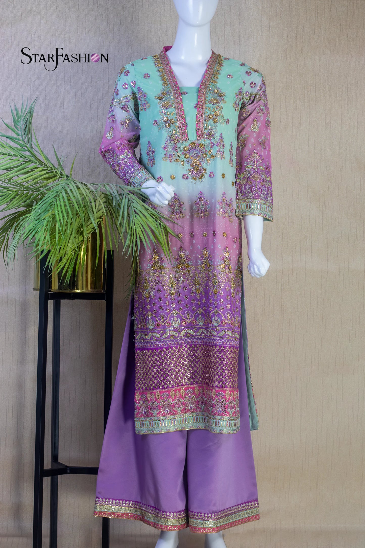 Elegant Chiffon Shirt with Satin Trouser & Matching Dupatta