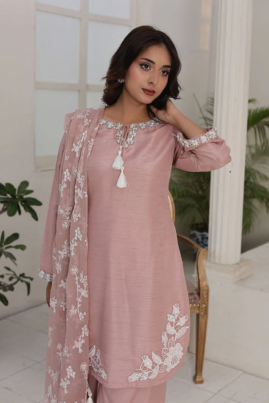 Embroidered Raw Silk Short Kurta Set with Plazzo & Net Dupatta