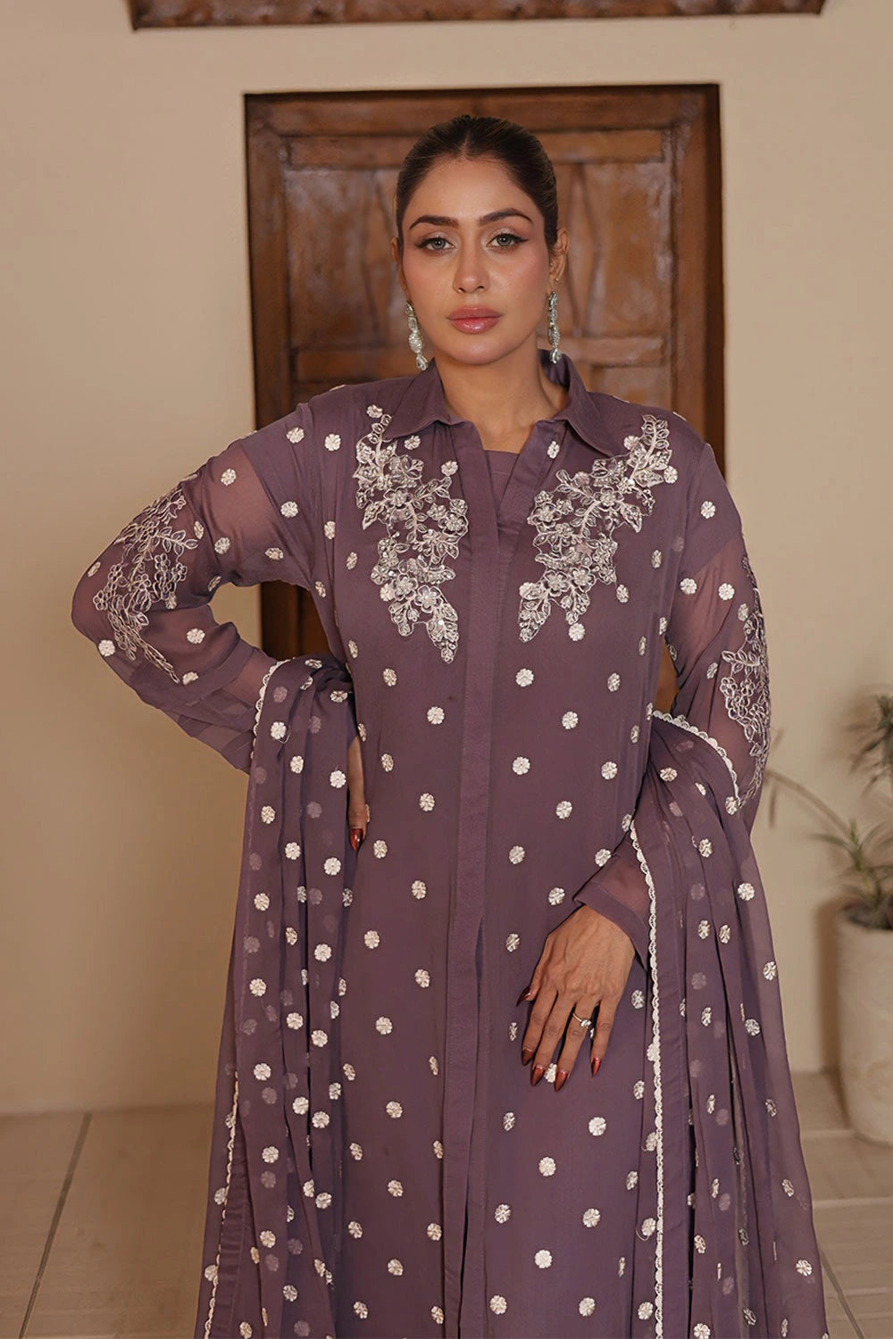 Dusty Mauve Chiffon Gown with Malai Silk Trouser & Embroidered Dupatta