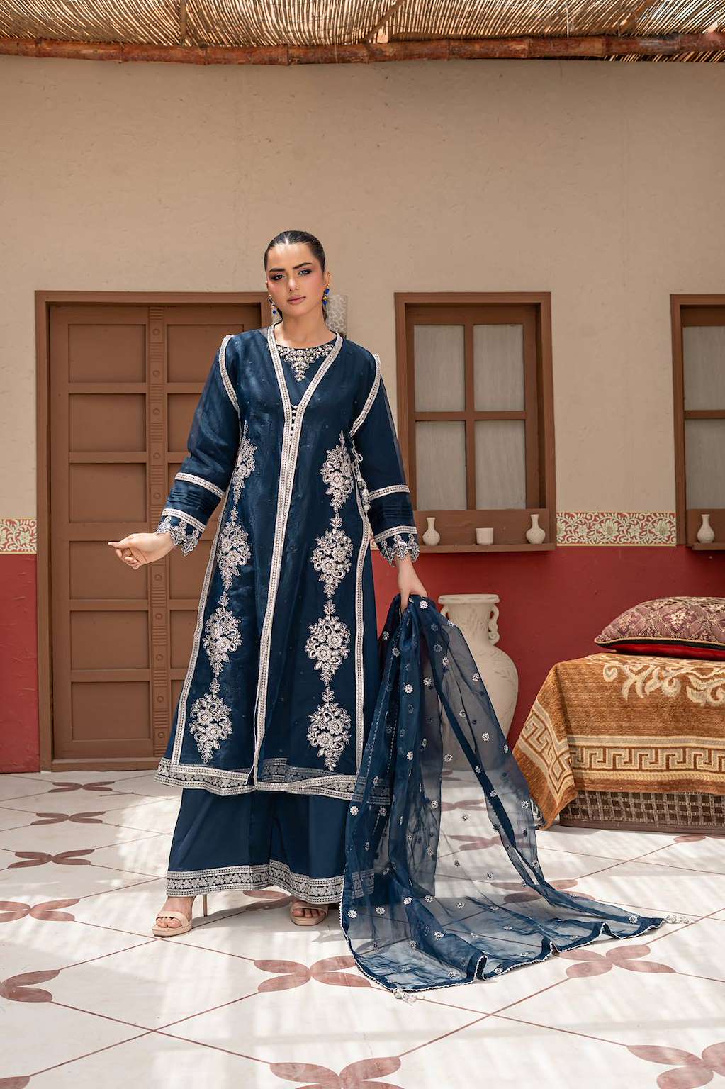 Navy Blue | Organza | Embroidered | 3-Piece Suit