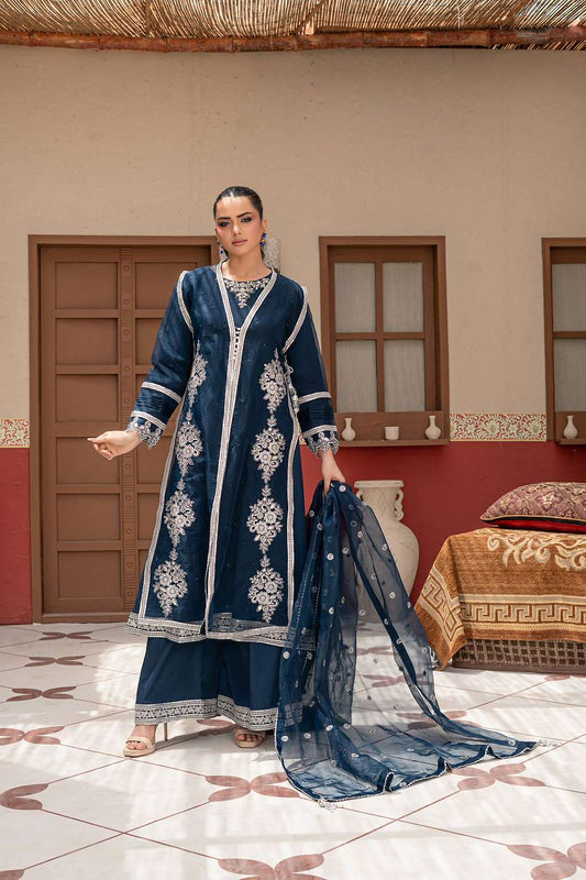 Navy Blue | Organza | Embroidered | 3-Piece Suit