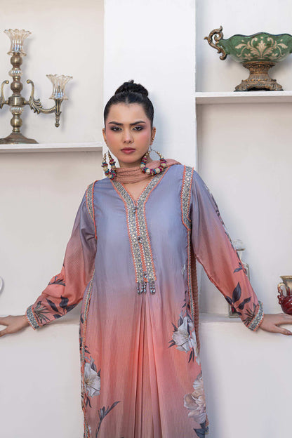 Peach pink | Chiffon | Embroidered | 3-Piece Suit