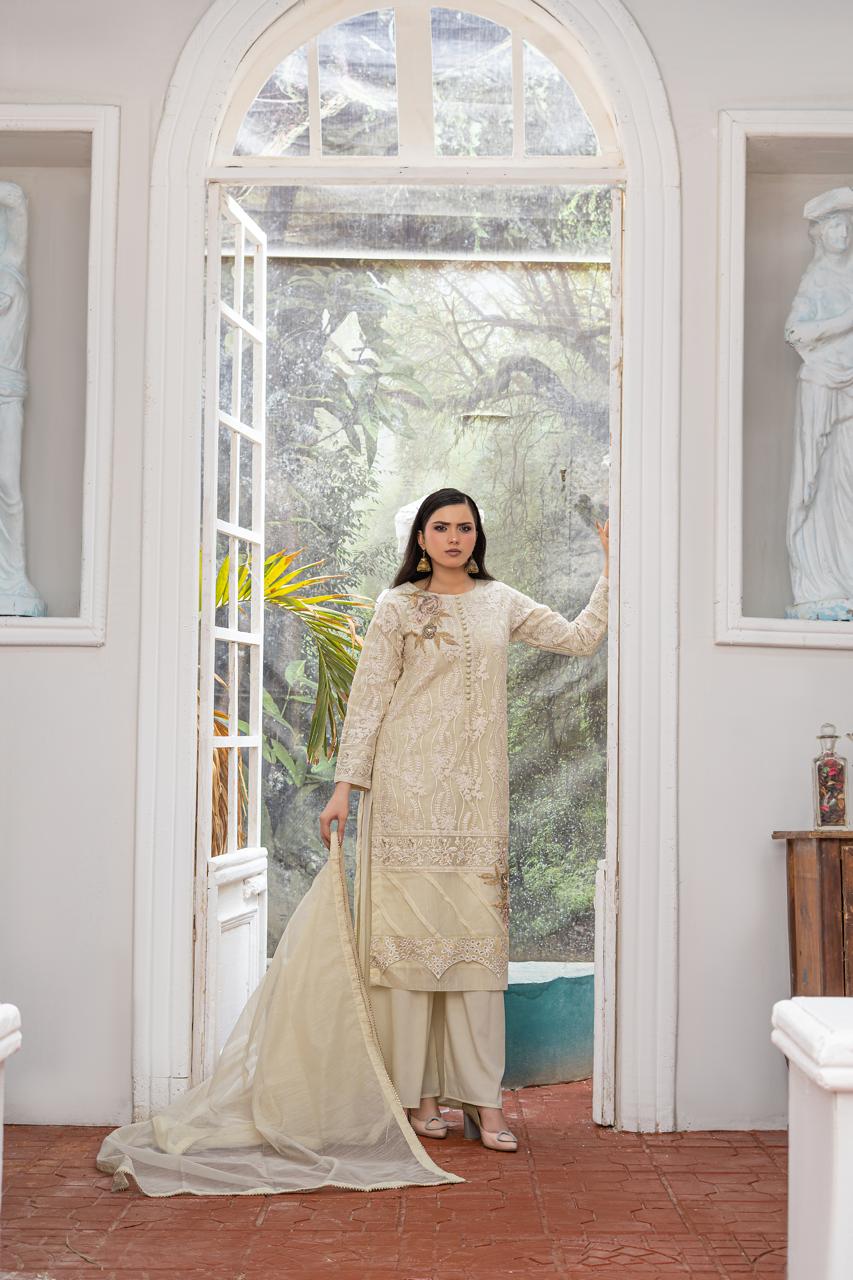 Vanilla | Organza | Embroidered | 3-Piece Suit