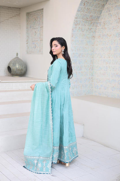 Sky Blue 3-peice Embroidered Frock+Dupputa
