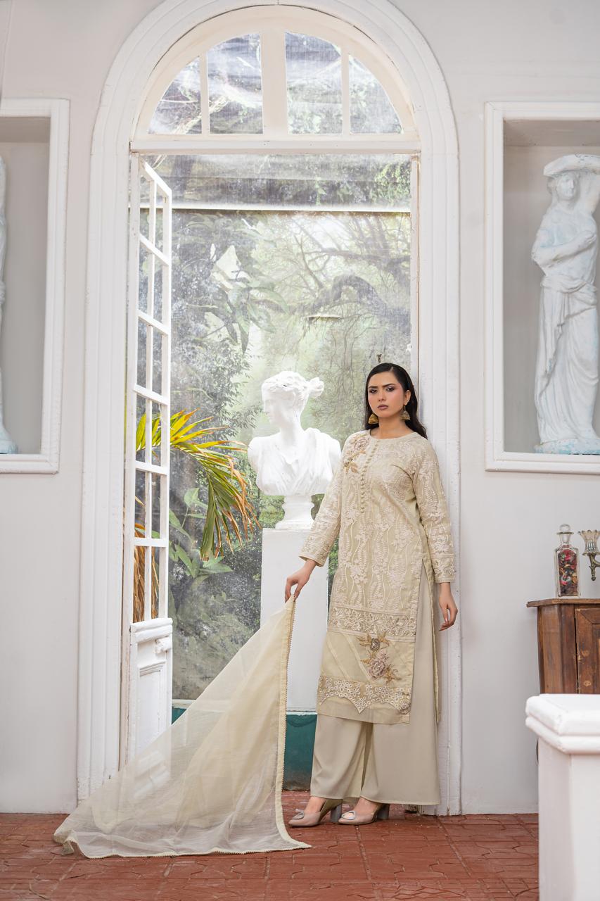 Vanilla | Organza | Embroidered | 3-Piece Suit