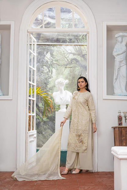 Vanilla | Organza | Embroidered | 3-Piece Suit