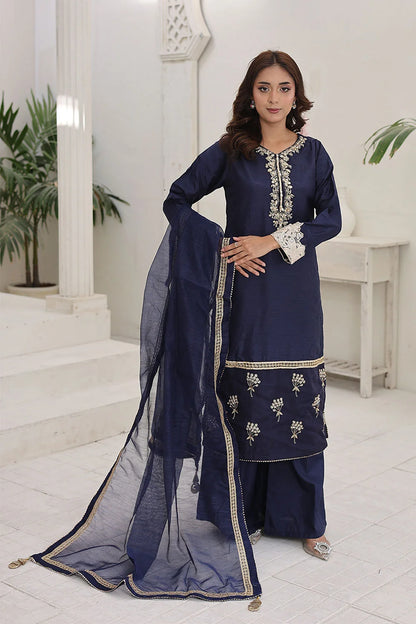 Embroidered Raw Silk Suit with Khaddi Net Dupatta
