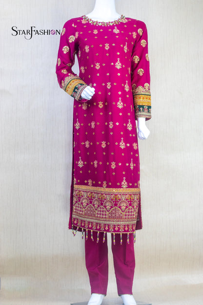 Embroidered Chiffon Straight Suit with Net Dupatta & Silk Trouser
