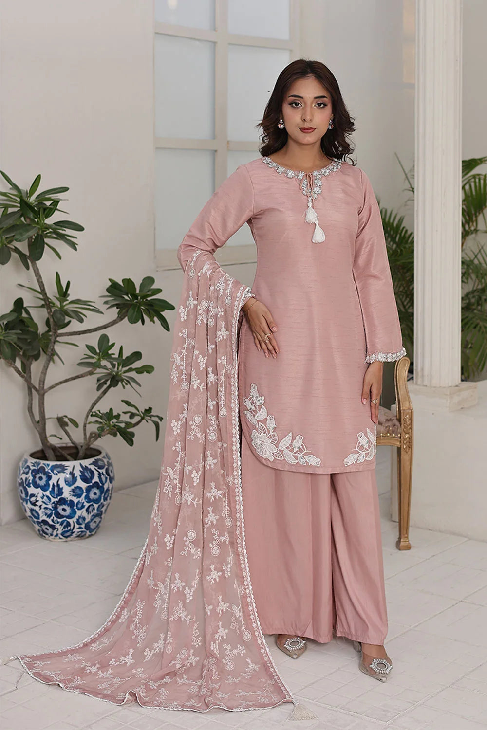 Embroidered Raw Silk Short Kurta Set with Plazzo & Net Dupatta